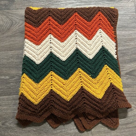 Handmade Afghan Couch Blanket Green Orange Brown Fall Knit Crochet 31x70 Vintage - Picture 1 of 6